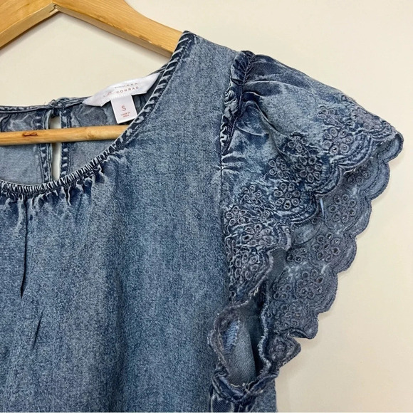 LC LAUREN CONRAD Chambray Floral Embroidered Sleeve Boho Blouse Top - Picture 2 of 7